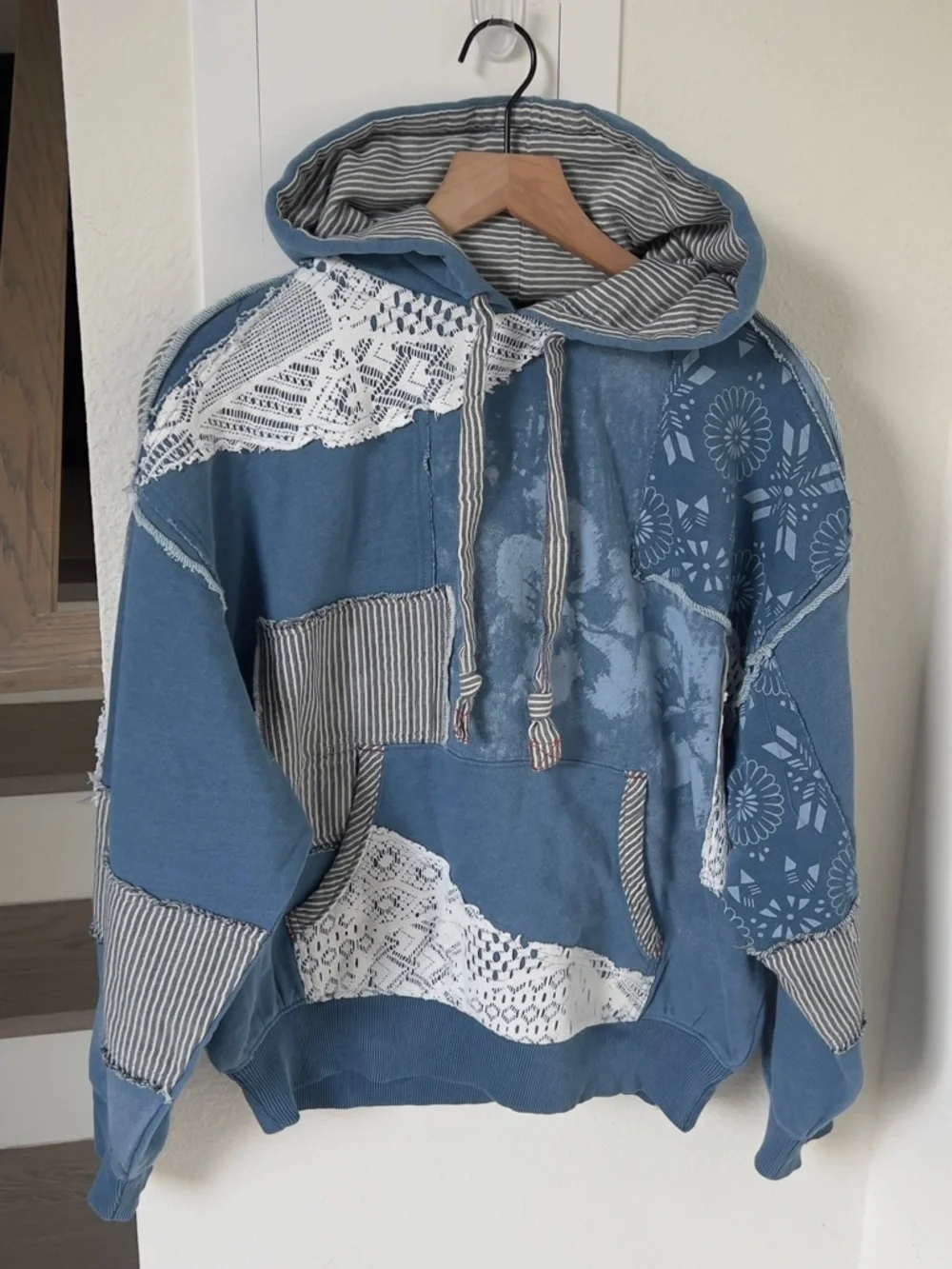 NWT Free People We The Free Tattered Romance Hoodie in Blue Indigo Combo